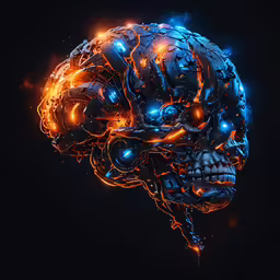 a large skull with glowing lights and a human head