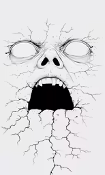 a black and white drawing of a monster face with large, cracked eyes