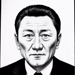 a black and white drawing of a man wearing a suit