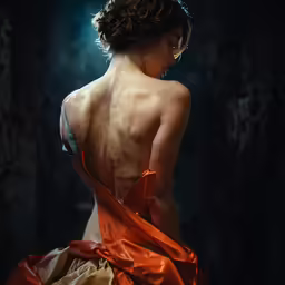 a woman is posing for a portrait in a red dress