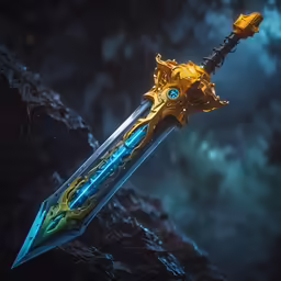the sword that has glowing gold detailing on it
