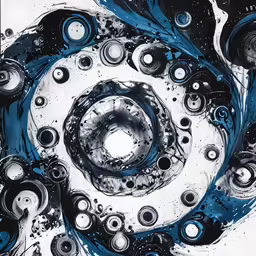 a painting on canvas with black and white swirls