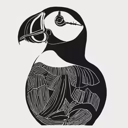 a black and white drawing of a toucan sitting on top of a table