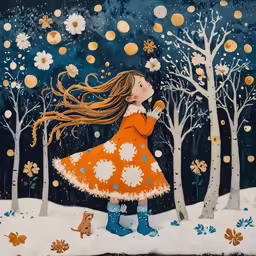 the girl is walking along the snowy path with flowers in her hair