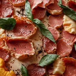 some meats with herbs on top are sitting together