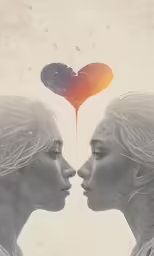 two girls, one looking at the other with a red heart on their forehead