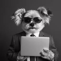 a dog wearing sunglasses, suit and tie holds a laptop
