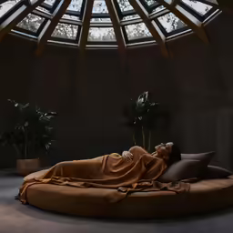 a woman laying on a cushioned sofa in front of a round glass ceiling