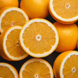 several oranges laid out to have their slices peeled