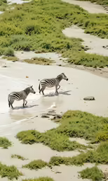 two zebras are walking on the sand in the water