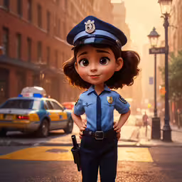 a little police girl standing on a city street,an animation movie character dressed as a police woman