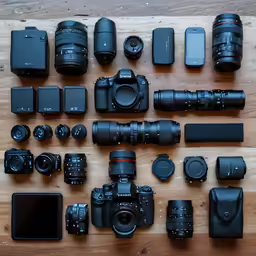camera equipment, including many lenses and accessories
