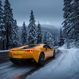 yellow sports car driving through snow covered trees