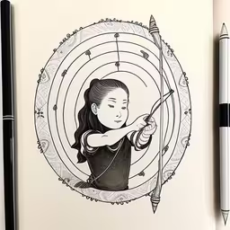 a drawing of a woman who is aiming a bow,an image of a girl holding a bow and arrow,a person with a pen is drawing on a notebook,a girl aiming with a bow and arrow while another holds a long handled knife,there is a picture of a girl with a bow and arrow