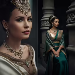 a woman in a dark - colored dress with an embellished necklace and headpiece