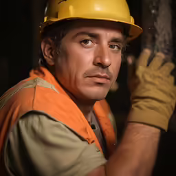 a construction worker looking serious while working