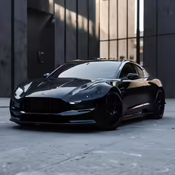 a black car with shiny silver paint parked in front of an office building