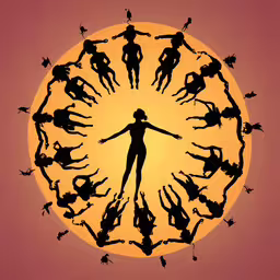 silhouettes of people doing yoga in front of an orange sky,a group of people holding hands with the sun in the background