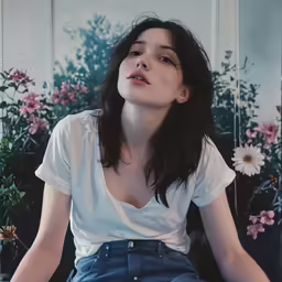 a girl sitting on a sofa with flowers on the background