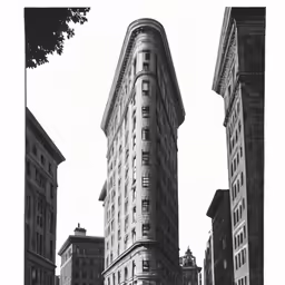 black and white photograph of the flatirong of a skyscraper