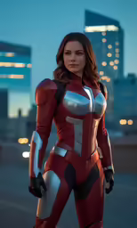 a woman in a red and white catwoman suit poses on a city rooftop