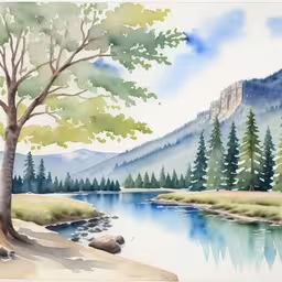 a painting of a lake with a tree next to it,this is an image of trees near a lake,a painting of a tree sitting by the side of a river,an artistic drawing of a mountain scene with a lake and a tree,a watercolor painting of a mountain stream and tree