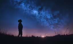 a person standing in a field at night looking up