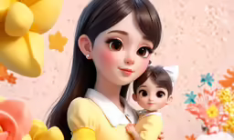 a close up of a doll and a little girl in a yellow dress