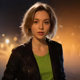 a young woman wearing a black jacket and green shirt