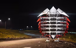 an unusually designed sculpture on the side of the road,a large sculpture on the side of a road in the night