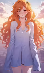 a blonde haired girl standing in front of a sunset