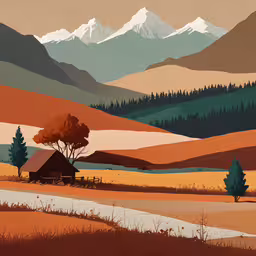 a painting with a landscape and mountains in the background,a painting of mountains and an old barn