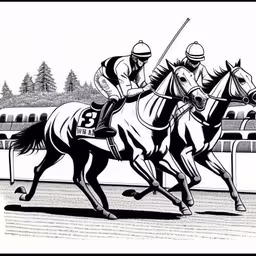 a race track with two horse and jockeys on the race track,horses racing around the track, each in their own individual numbers