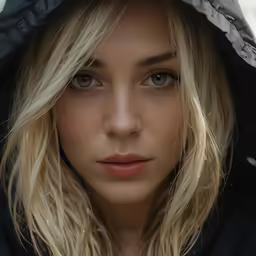 a close up of a woman wearing a hoodie