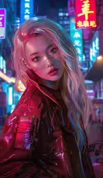 a girl wearing a leather jacket in the neon city,a woman in a black leather jacket is standing in the rain