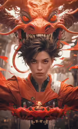 the face of a demon is displayed above an elf with long hair and big eyes