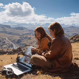 two women are sitting next to a laptop computer