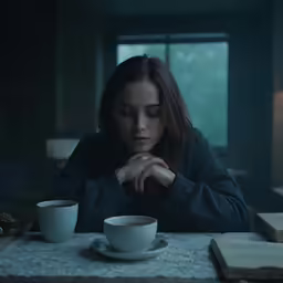 the girl is eating at the table with her hands on her face