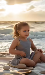 a child sits on the beach in front of the ocean
