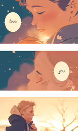two panel scenes depicting a young couple standing in a snowy field