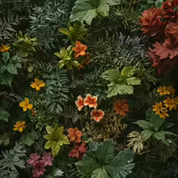 various colorful flowers are growing on the leaves