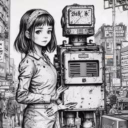 a woman that is standing next to a robot