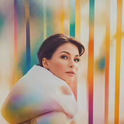 a woman standing next to a multicolored wall