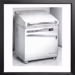 black and white photograph of an old fridge