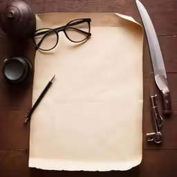 a scroll with a pair of glasses sits on a wood table next to a pen, an ink pot and a knife