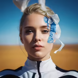 a woman with big blue eyes posing in an empty field