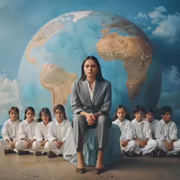 the woman sits in front of a large photo of a group of children
