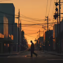 man crossing the street at sunset in an urban setting