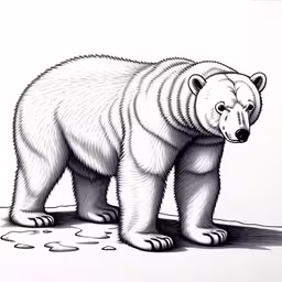 a white bear in the water is shown,a drawing of a bear standing on dirt,this drawing depicts a large white bear with curved feet,the bear is standing on dirt with drops of water,the outline of a polar bear standing on ice