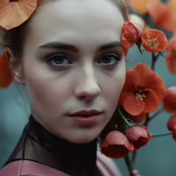 the woman has flowers in her hair and is posing